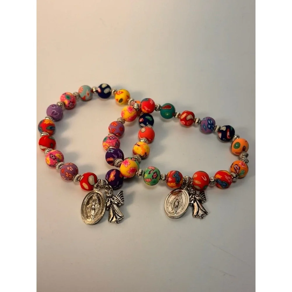 Beaded Stretch Bracelet Set Multicolor Religious Angel Charms‎ Kidcore Boho